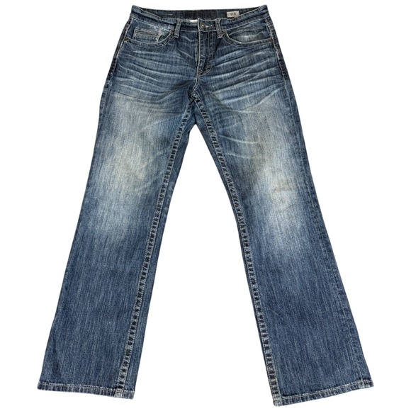 BKE Jeans Mens 31x32 Jake Dark Wash Bootleg Embroidered Low Rise Distressed Y2K - Picture 1 of 4